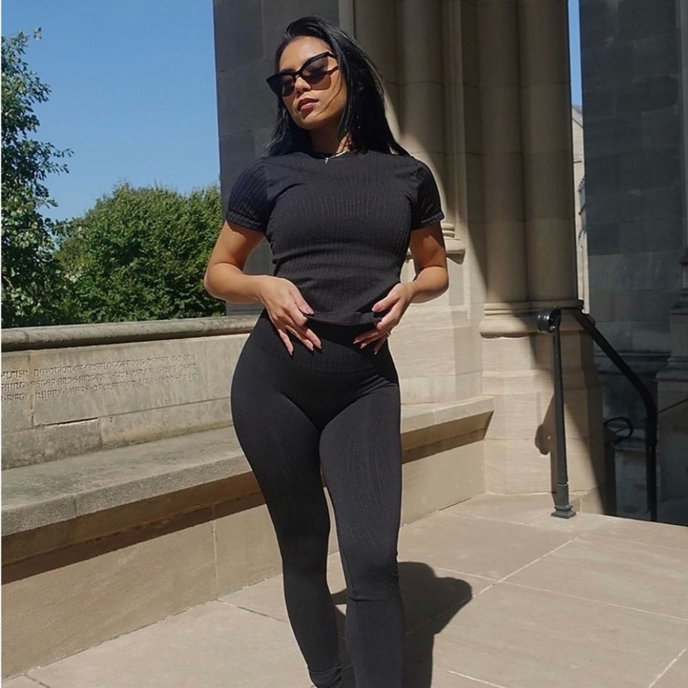 Fabletics Black Ribbed High-Waist Legging & Short-Sleeve Crop Top Set